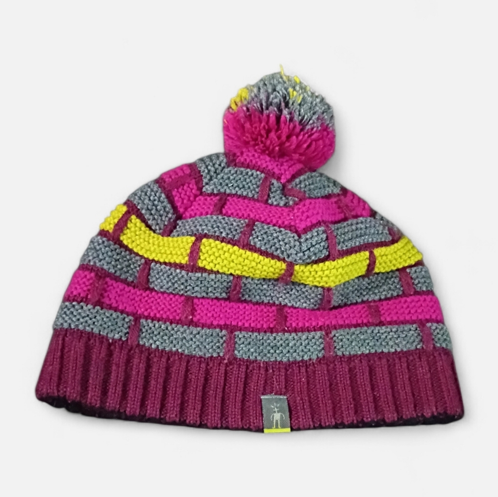 Smartwool Merino Wool Knit Pom-Pom Beanie Gray Maroon Outdoors Ski Hiking